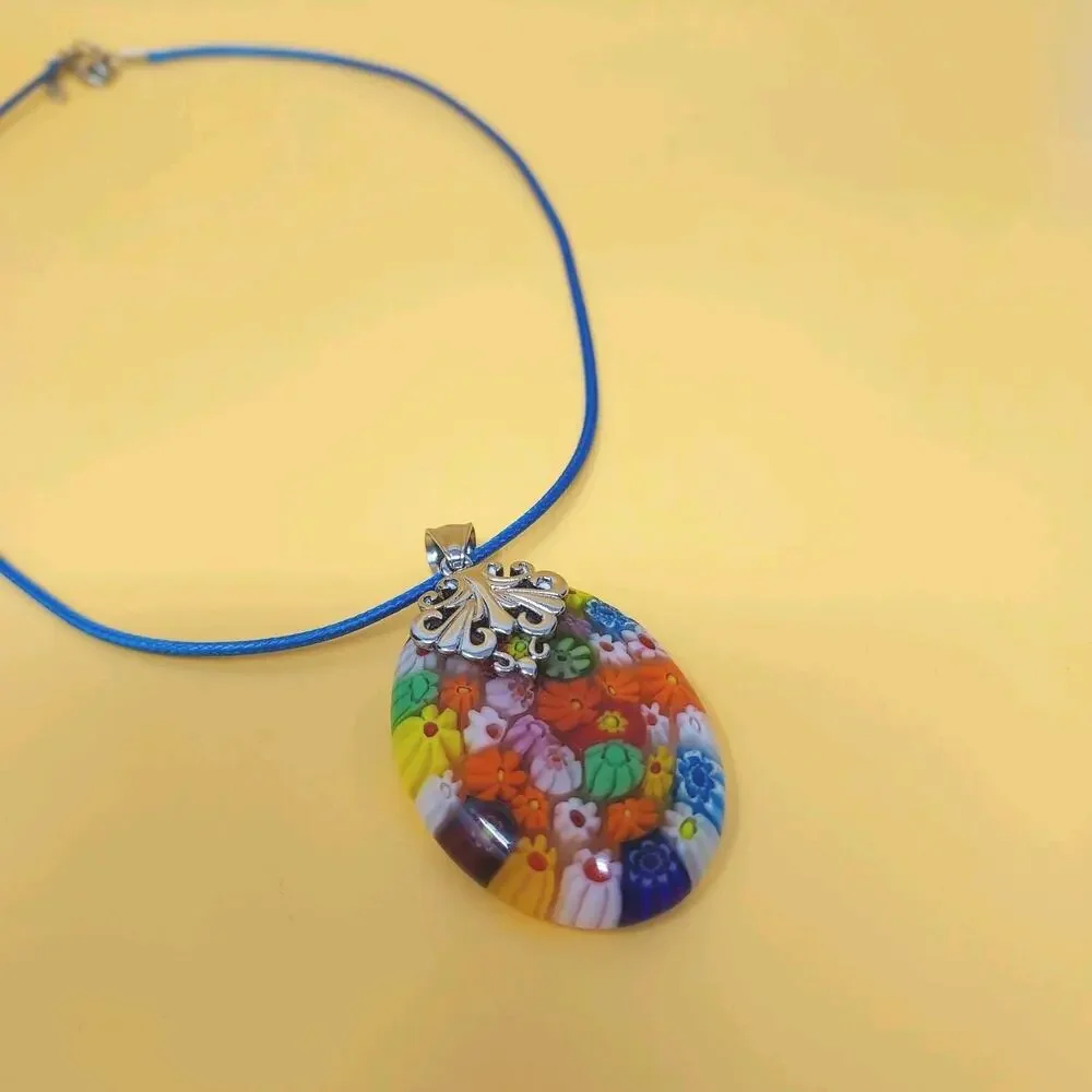 Glass Millefiori Pendant 2" drop Silver Tone Accents Colorful Italy Boho Artisan - Picture 2 of 9